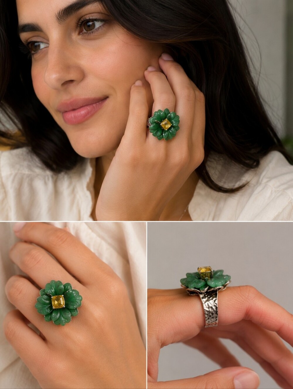 925 Sterling Silver Carved Green Stone Floral Statement Ring